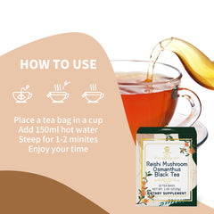 Reishi Mushroom Osmanthus Black Tea, Adaptogen Ganoderma Lucidum Herbal Tea for Immune Health Boost, Stress Relief, Caffeine-Free, No Sugar, 1.06 OZ