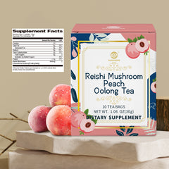 Reishi Mushroom Peach Oolong Tea, Adaptogen Ganoderma Lucidum Herbal Tea for Immune Health Boost, Stress Relief, Caffeine-Free, No Sugar, 1.06 OZ