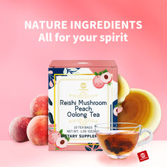 Reishi Mushroom Peach Oolong Tea, Adaptogen Ganoderma Lucidum Herbal Tea for Immune Health Boost, Stress Relief, Caffeine-Free, No Sugar, 1.06 OZ