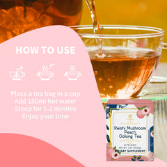 Reishi Mushroom Peach Oolong Tea, Adaptogen Ganoderma Lucidum Herbal Tea for Immune Health Boost, Stress Relief, Caffeine-Free, No Sugar, 1.06 OZ