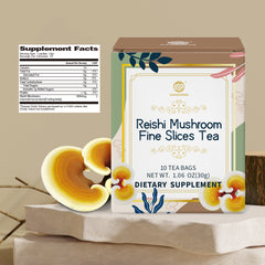 Reishi Mushroom Fine Slices Tea, 10 Bags, Adaptogen Ganoderma Lucidum Herbal Tea for Immune Health Boost, Stress Relief, Caffeine-Free, No Sugar, 1.06 OZ