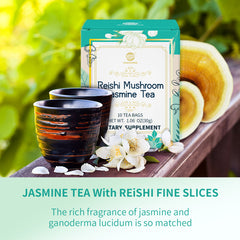 Reishi Mushroom Jasmine Tea, Adaptogen Ganoderma Lucidum Herbal Tea for Immune Health Boost, Stress Relief, Caffeine-Free, No Sugar, 1.06 OZ