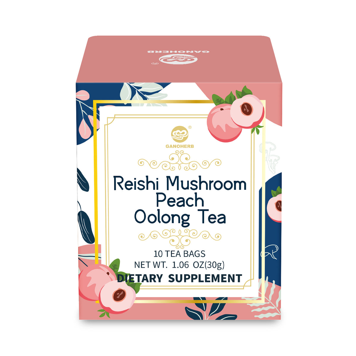 Reishi Mushroom Peach Oolong Tea, Adaptogen Ganoderma Lucidum Herbal Tea for Immune Health Boost, Stress Relief, Caffeine-Free, No Sugar, 1.06 OZ