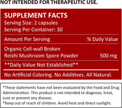 Organic Reishi Mushroom Spore Capsules  (60 Veggie Capsules)