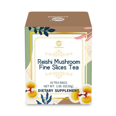Reishi Mushroom Fine Slices Tea, 10 Bags, Adaptogen Ganoderma Lucidum Herbal Tea for Immune Health Boost, Stress Relief, Caffeine-Free, No Sugar, 1.06 OZ