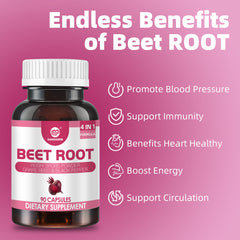 Beet Root Supplements, 4 in 1 Complex, 20:1 Extract, 90 Pills, Vegan Capsules