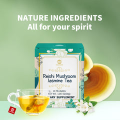 Reishi Mushroom Jasmine Tea, Adaptogen Ganoderma Lucidum Herbal Tea for Immune Health Boost, Stress Relief, Caffeine-Free, No Sugar, 1.06 OZ