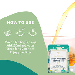 Reishi Mushroom Jasmine Tea, Adaptogen Ganoderma Lucidum Herbal Tea for Immune Health Boost, Stress Relief, Caffeine-Free, No Sugar, 1.06 OZ