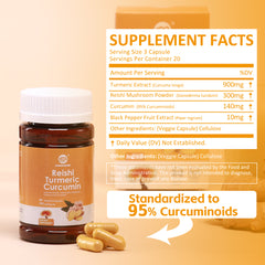 Turmeric Curcumin with Black Pepper 1350mg, Turmeric Supplement 95% Curcuminoids with BioPerine and Reshi Mushroom for Max Absorption, Herbal Digestive & Joint Support