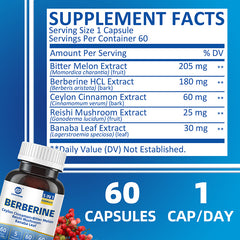 Berberine HCI Supplements, 5 in 1 Complex, 1800mg 60 Vegan Capsules