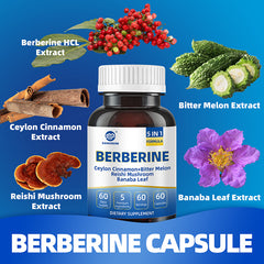 Berberine HCI Supplements, 5 in 1 Complex, 1800mg 60 Vegan Capsules