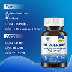 Berberine HCI Supplements, 5 in 1 Complex, 1800mg 60 Vegan Capsules