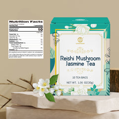Reishi Mushroom Jasmine Tea, Adaptogen Ganoderma Lucidum Herbal Tea for Immune Health Boost, Stress Relief, Caffeine-Free, No Sugar, 1.06 OZ