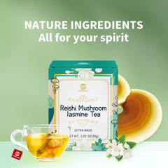 Reishi Mushroom Jasmine Tea, Adaptogen Ganoderma Lucidum Herbal Tea for Immune Health Boost, Stress Relief, Caffeine-Free, No Sugar, 1.06 OZ