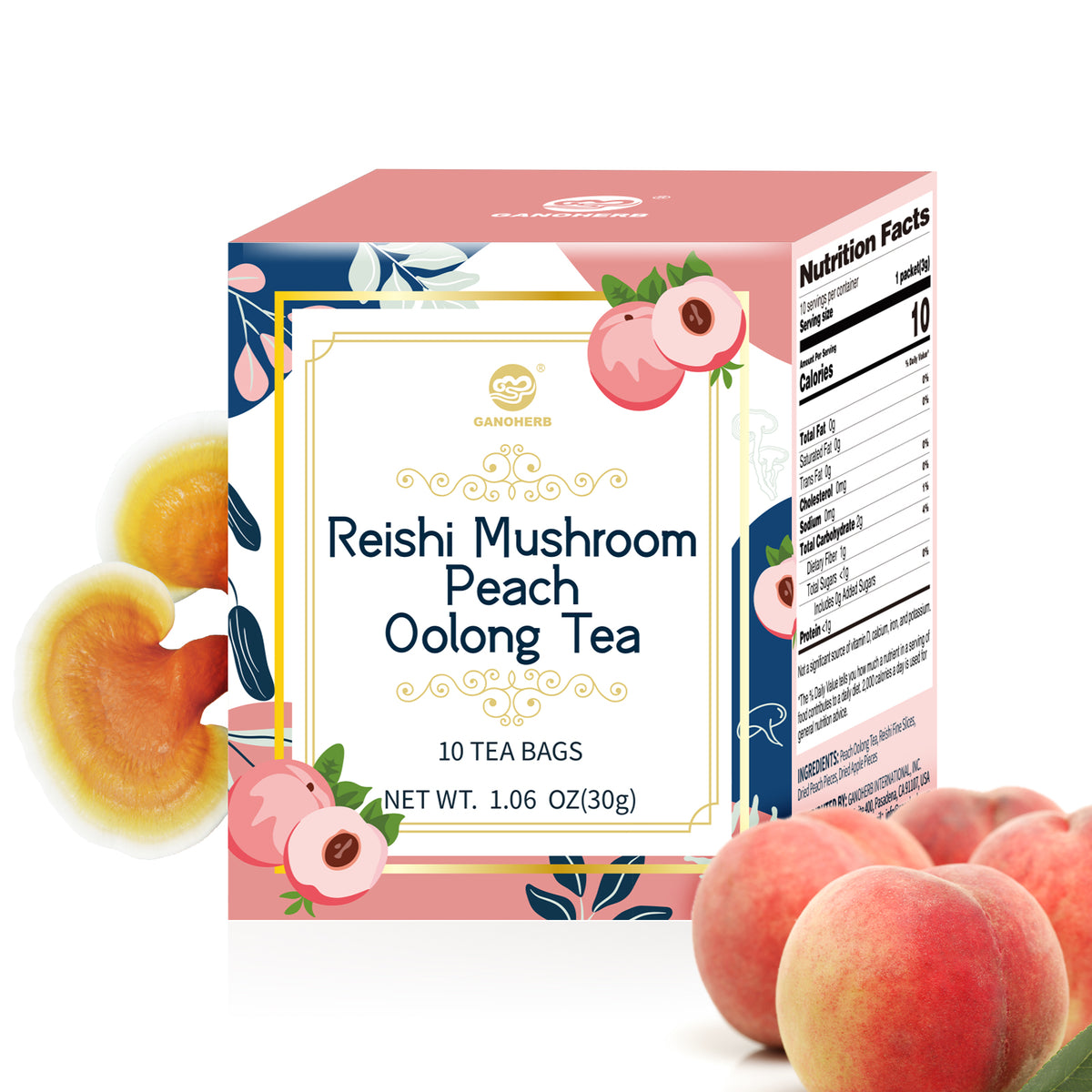 Reishi Mushroom Peach Oolong Tea, Adaptogen Ganoderma Lucidum Herbal Tea for Immune Health Boost, Stress Relief, Caffeine-Free, No Sugar, 1.06 OZ