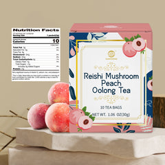 Reishi Mushroom Peach Oolong Tea, Adaptogen Ganoderma Lucidum Herbal Tea for Immune Health Boost, Stress Relief, Caffeine-Free, No Sugar, 1.06 OZ