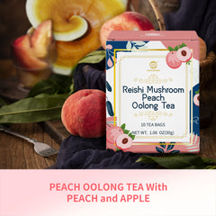 Reishi Mushroom Peach Oolong Tea, Adaptogen Ganoderma Lucidum Herbal Tea for Immune Health Boost, Stress Relief, Caffeine-Free, No Sugar, 1.06 OZ