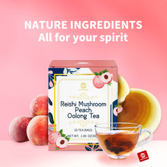 Reishi Mushroom Peach Oolong Tea, Adaptogen Ganoderma Lucidum Herbal Tea for Immune Health Boost, Stress Relief, Caffeine-Free, No Sugar, 1.06 OZ